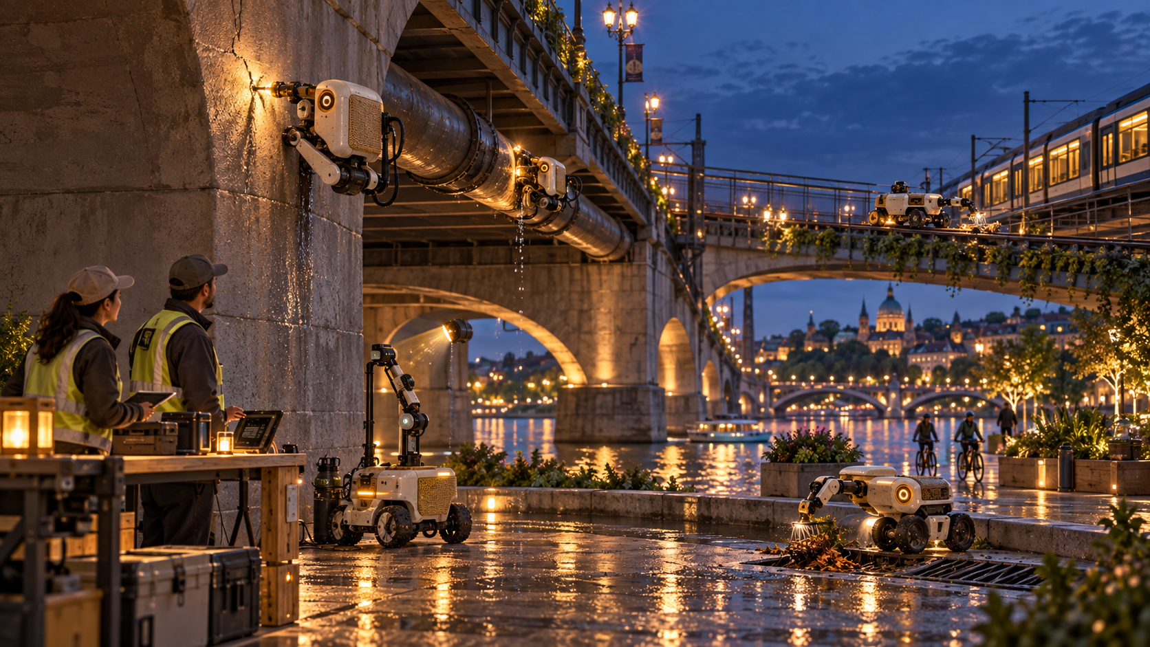 An imagined city where people and autonomous machines maintain infrastructure together